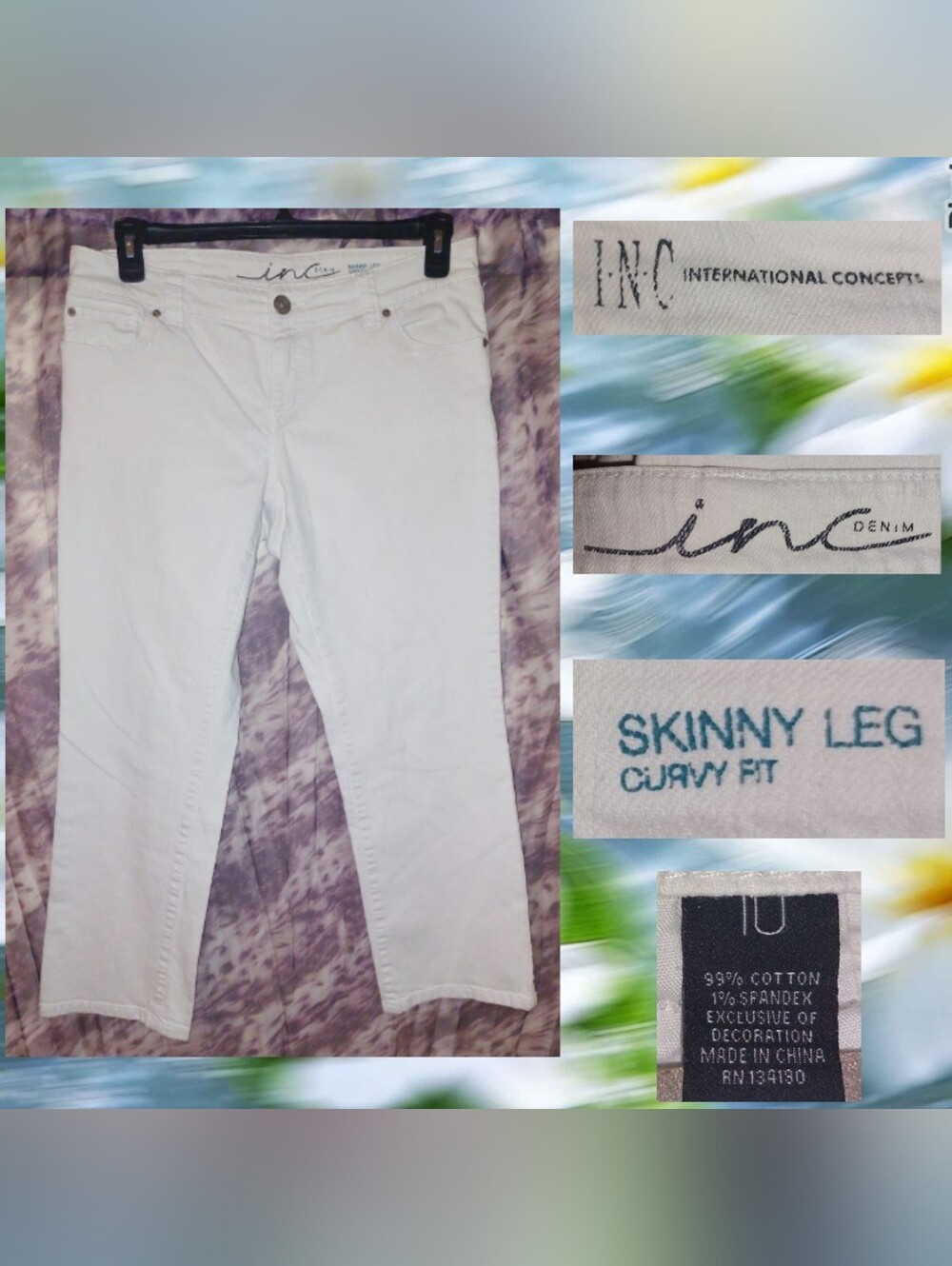 INC International Concepts White Curvy Fit Skinny Leg Woven Denim Jeans Sz 10